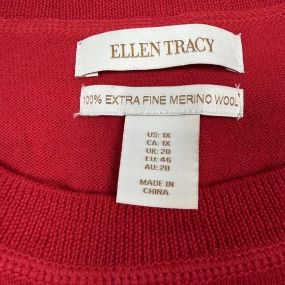 Ellen Tracy Sweater Womens 1X Red Merino Wool Crewneck Long Sleeve Pullover - Picture 2 of 9